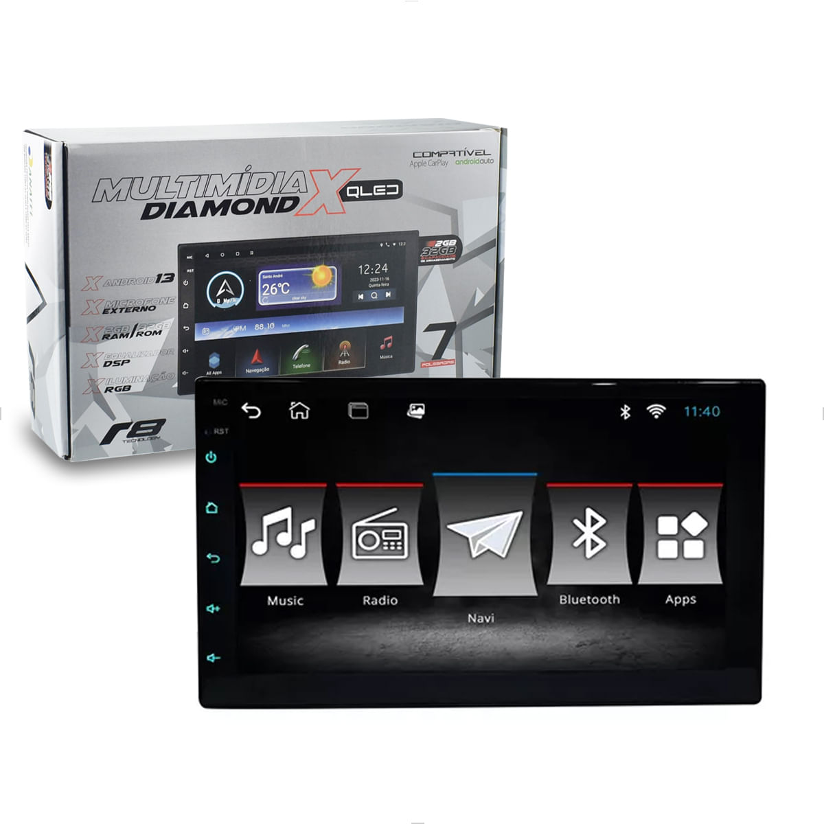Multimídia 7" Bluetooth Android Auto Apple CarPlay Espelhamento