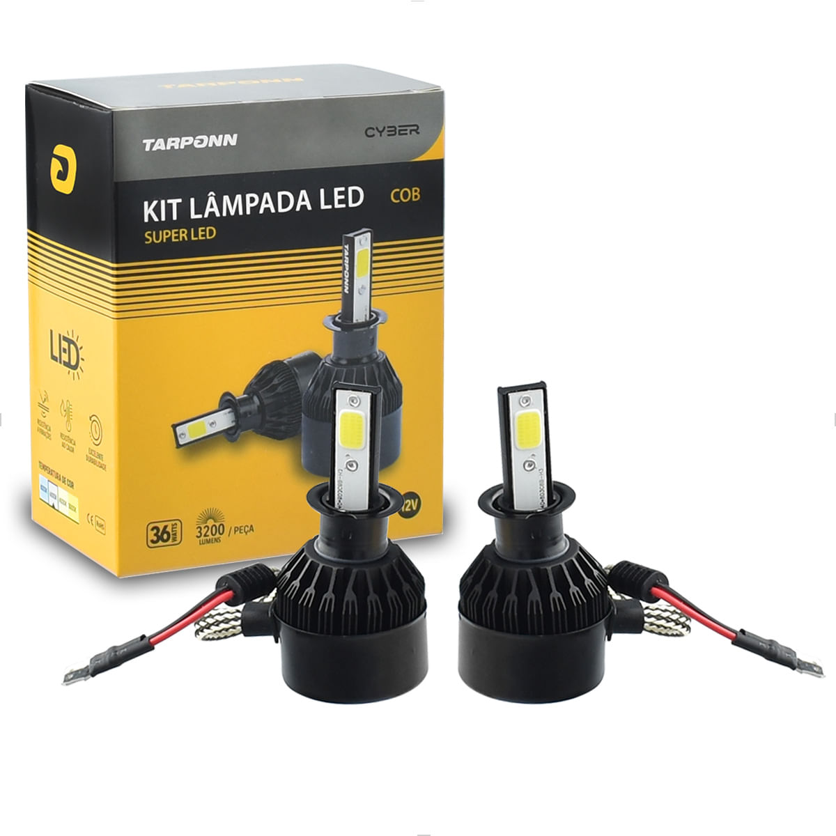 Lâmpada LED H3 6000K 36W 12V COB Com Base PK22S