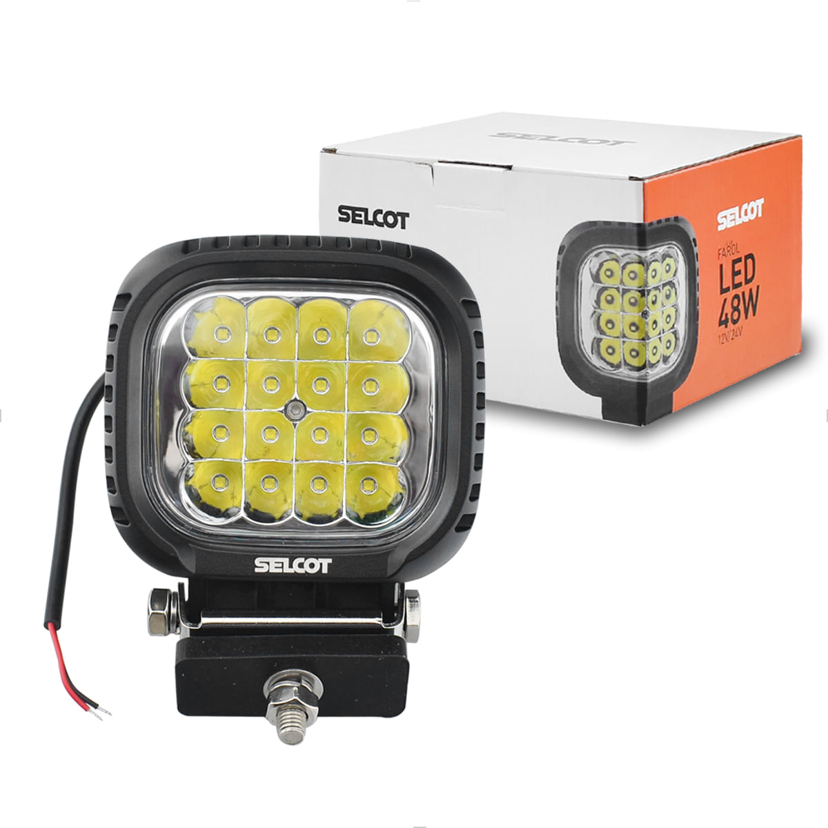 Farol Auxiliar 16 LEDs Quadrado 12V 24V 48W Branco Universal 6000K