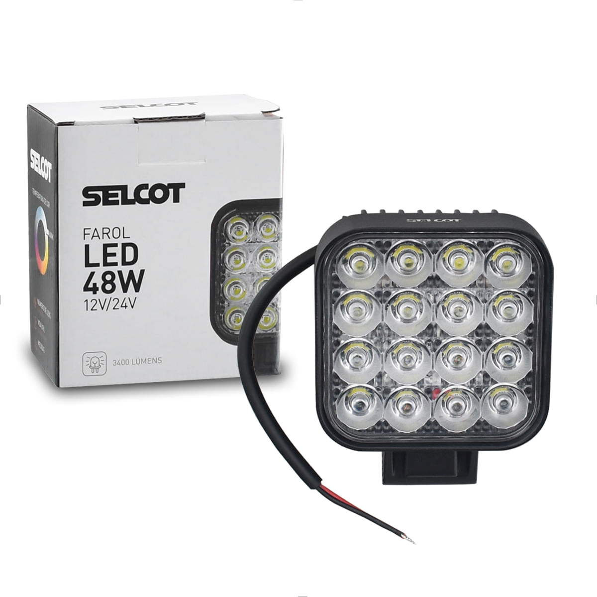 Farol Auxiliar 16 LEDs Quadrado 12V 24V 48W Universal Branco 6000K