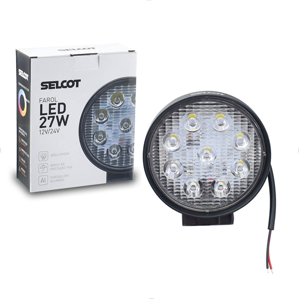 Farol Auxiliar 9 LEDs Redondo 12V 24V 27W Branco Universal 6000K