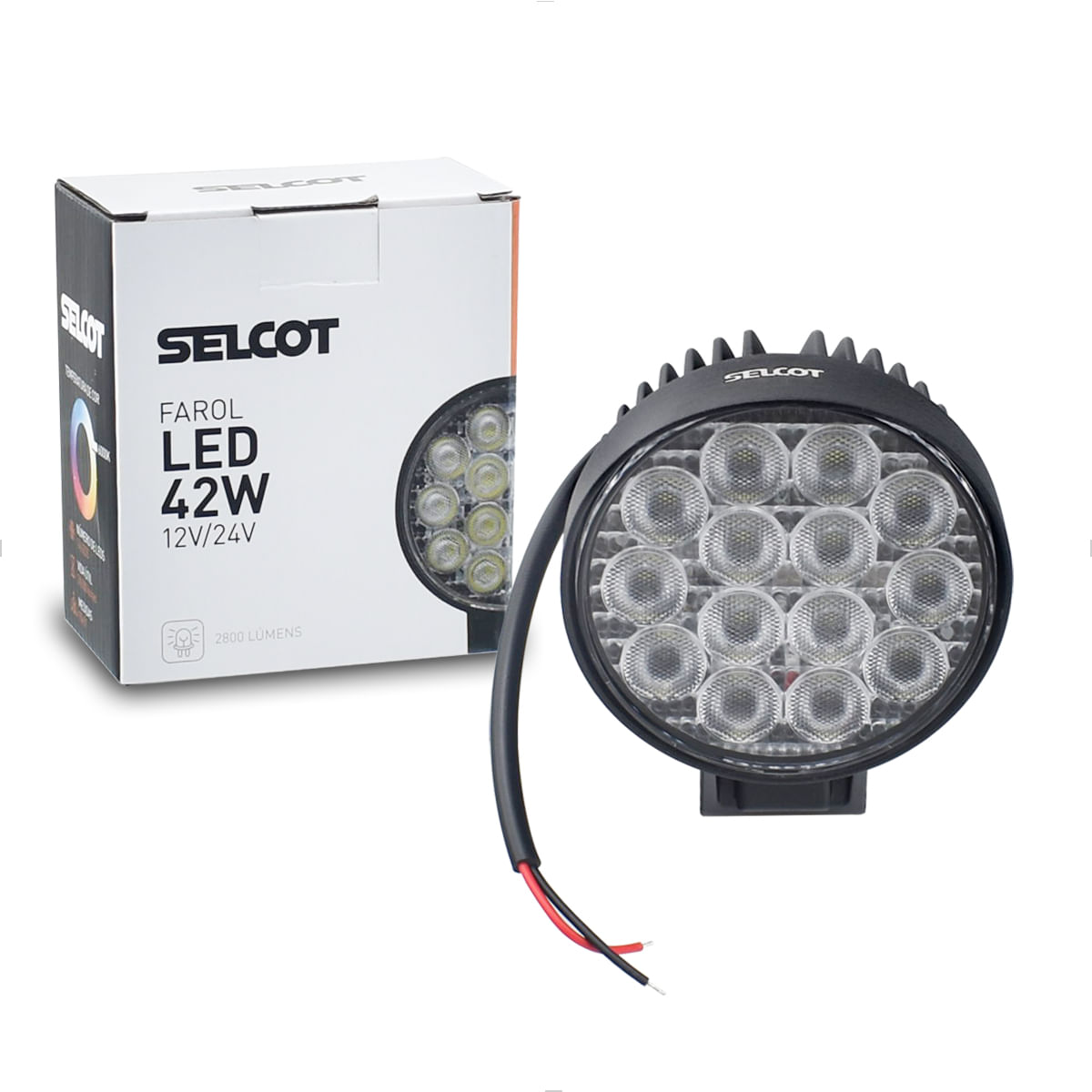 Farol Auxiliar 14 LEDs Redondo Slim 12V 24V 42W Branco Universal 6000K
