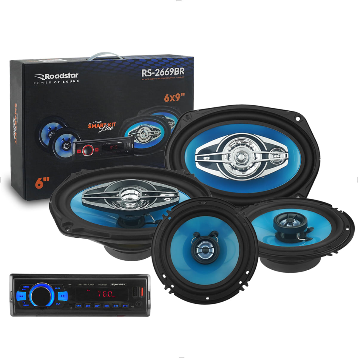 Kit Rádio Alto Falantes 6" e 6x9" 4x48W 12V RS-2669BR Smart Line