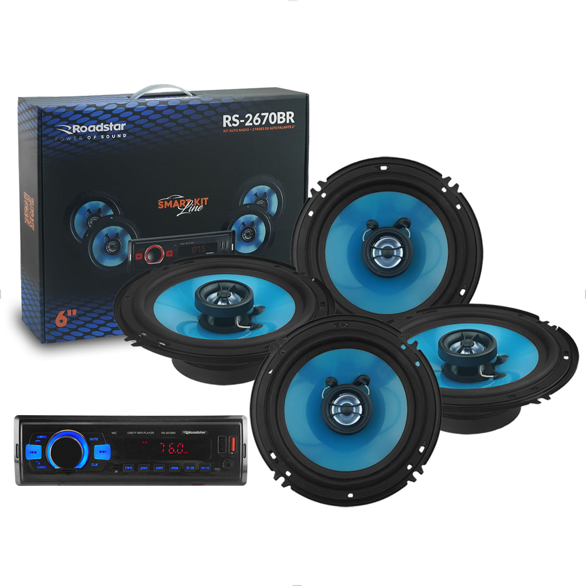 Kit Rádio Alto Falantes 6" 4x48W 12V RS-2670BR Smart Line
