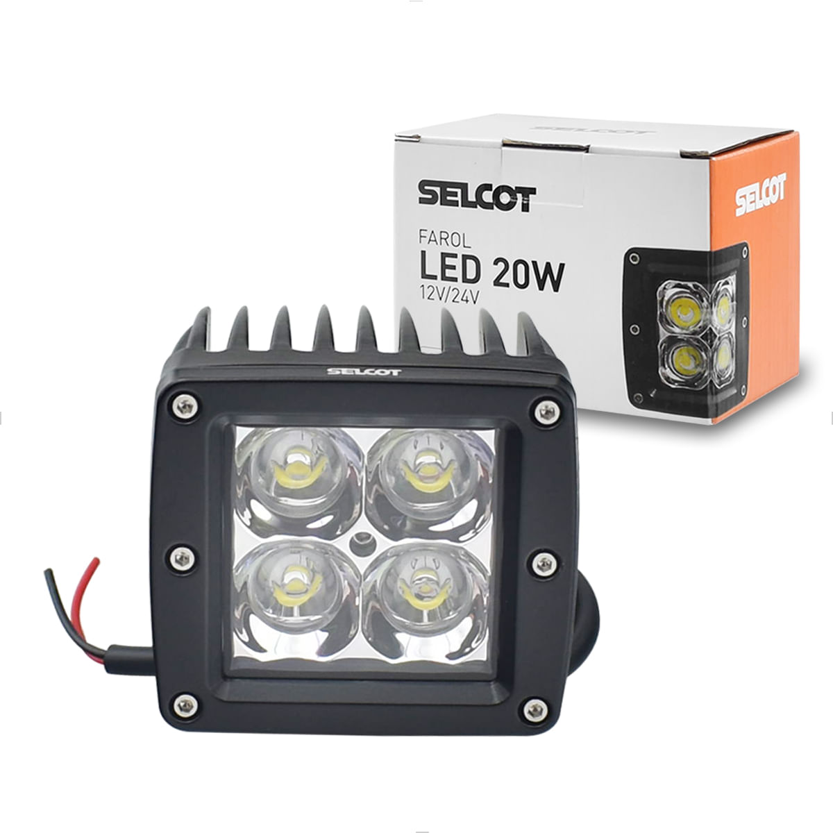 Farol Auxiliar 4 LEDs Quadrado 12V 24V 20W Branco Universal 6000K